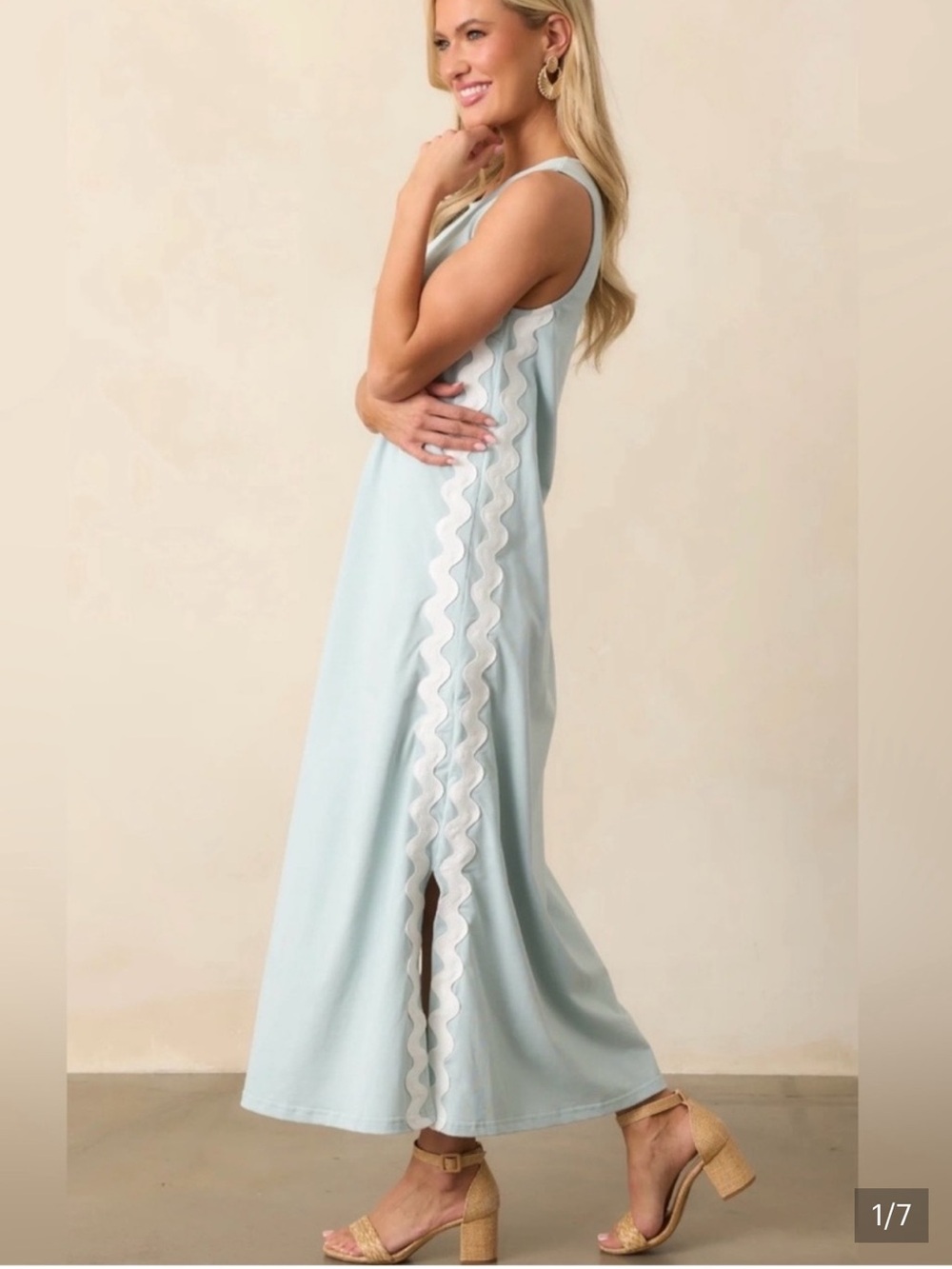 Sleeveless Light Blue Maxi Dress with White Wave Trim